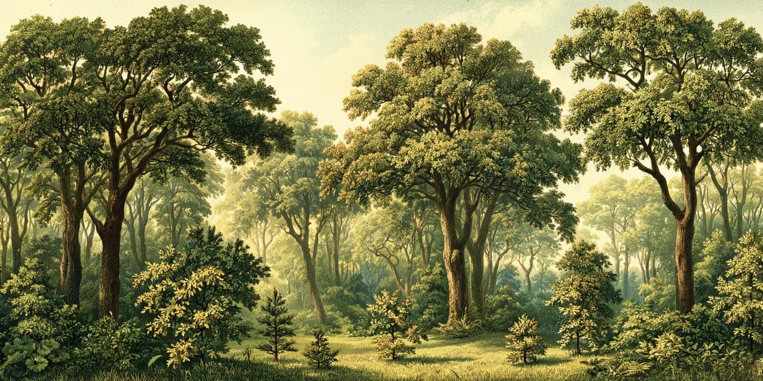 Illustrated rainforest path between palms and ferns, with a misty valley beyond