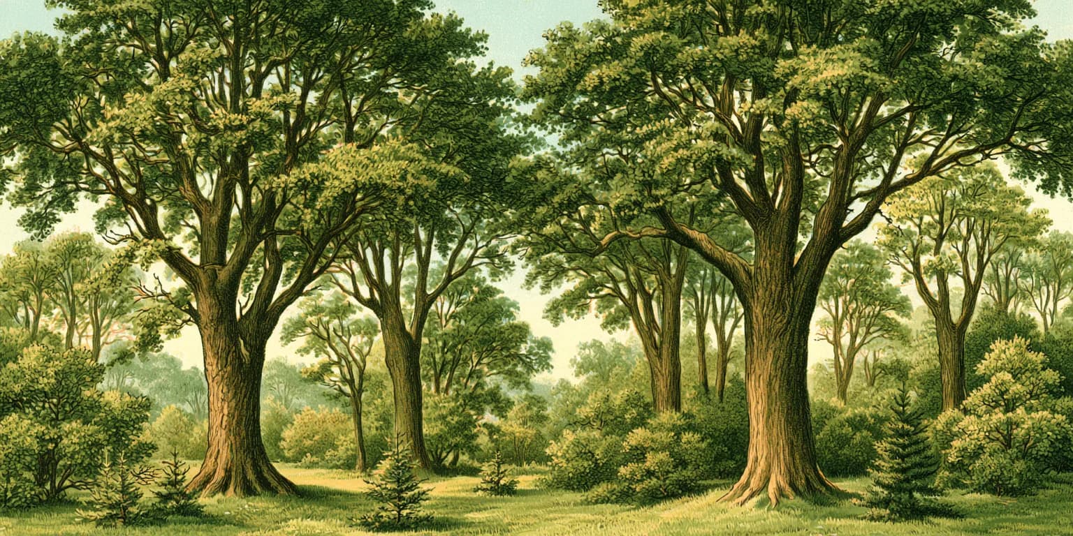 Illustrated tropical forest valley with tall trees and distant hills