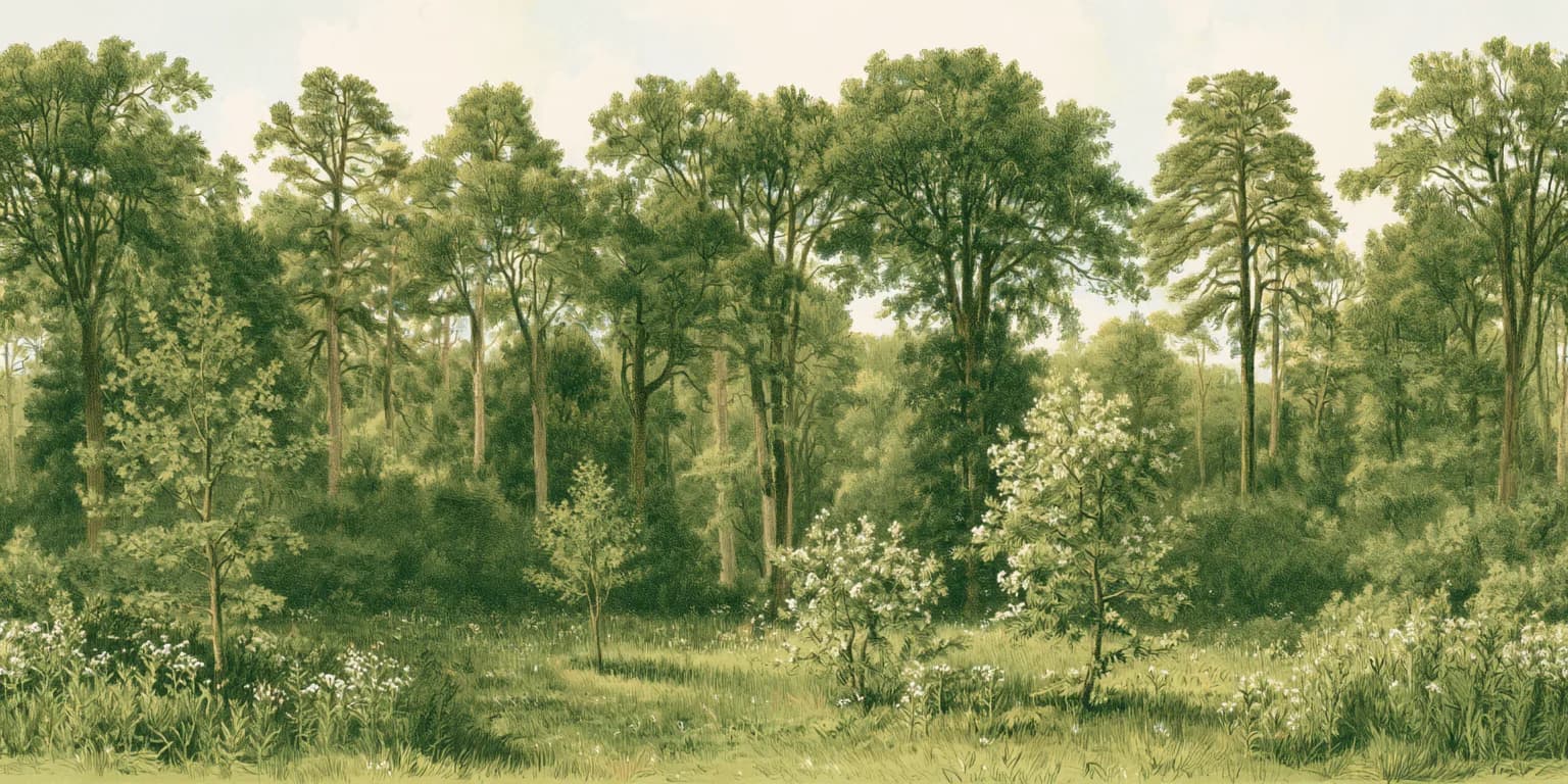 Illustrated forest edge with young trees and flowering shrubs in a grassy clearing