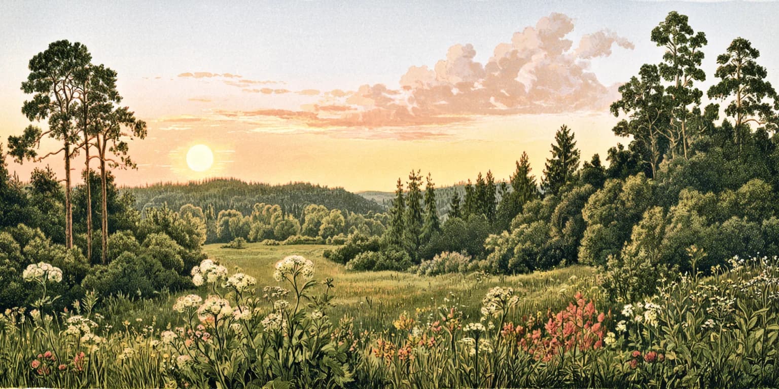Illustrated meadow of wildflowers at sunset, with tall pines and a forest edge under pink clouds