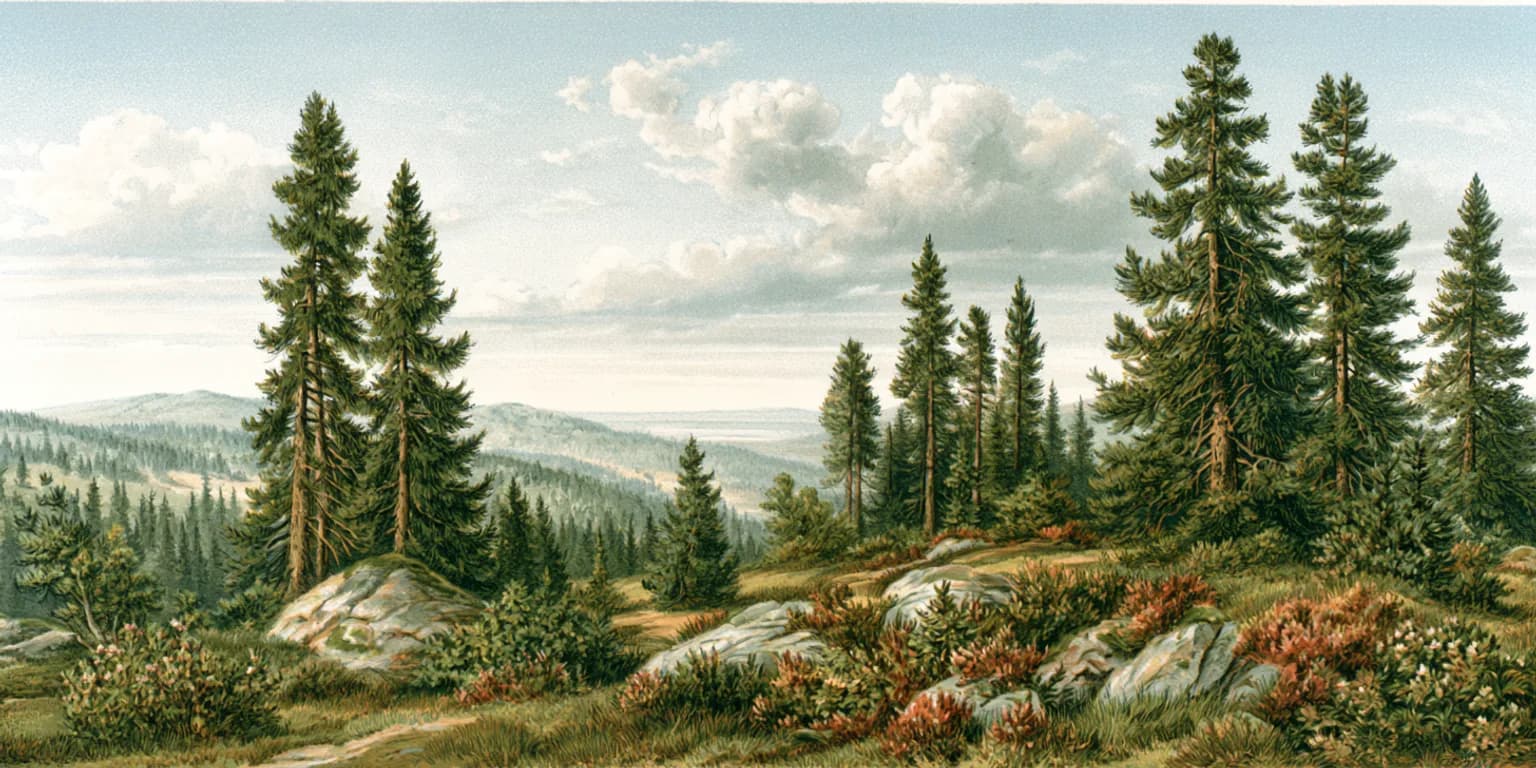 Illustrated pine forest with a path through the undergrowth
