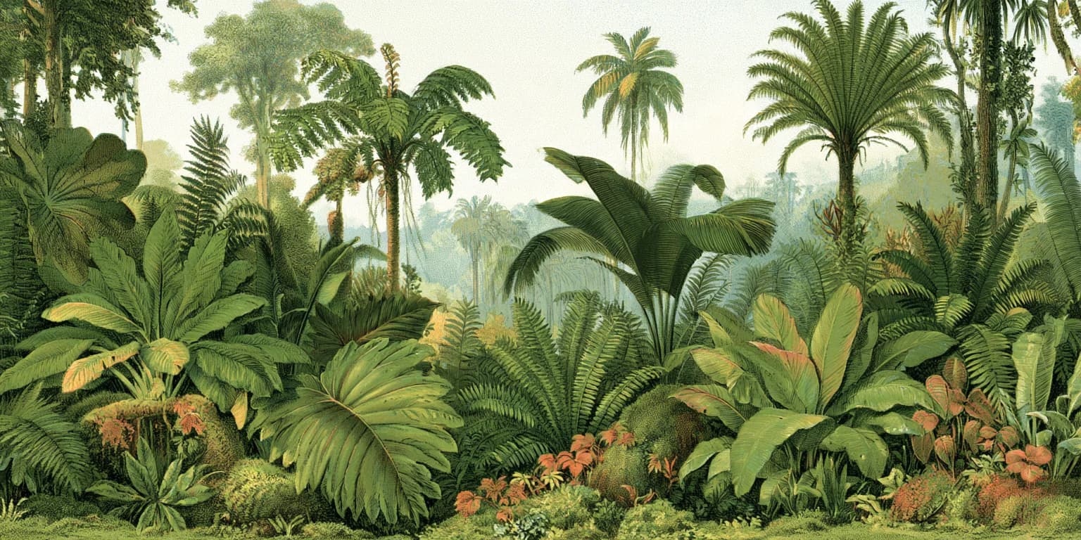 Illustrated pine forest with a path through the undergrowth