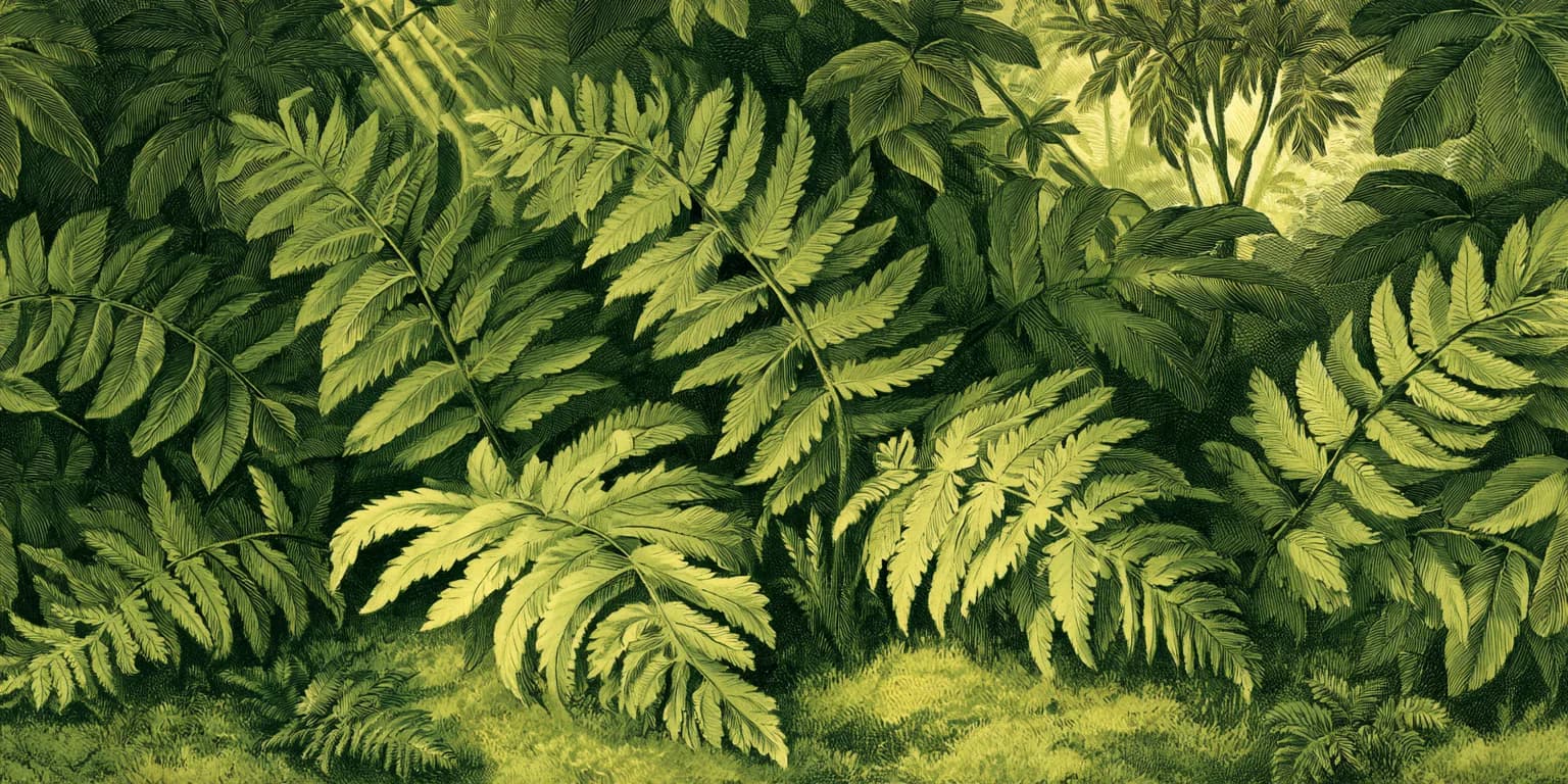 Illustrated misty forest with flowering shrubs and tall palms