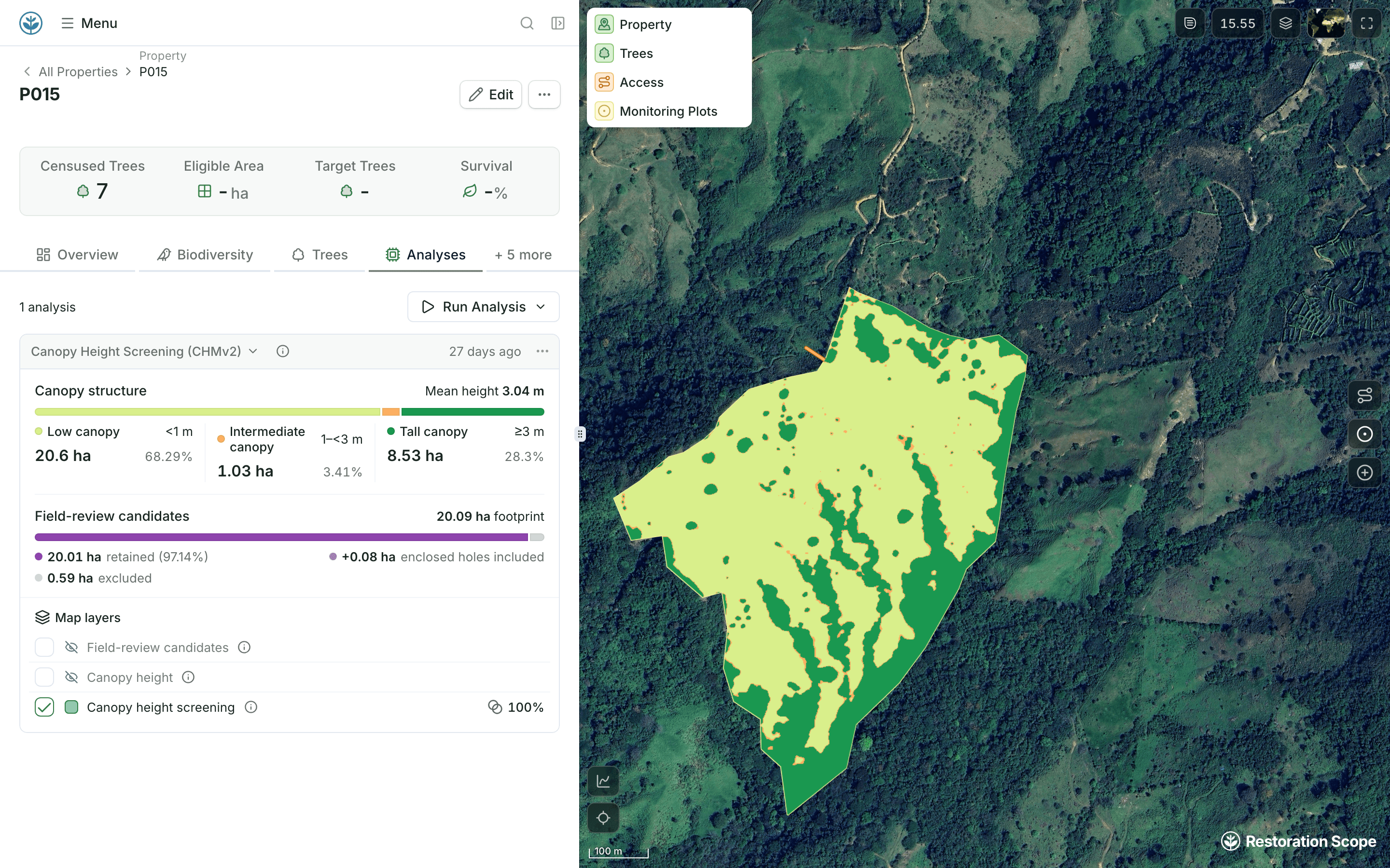 Canopy height screening on a demo property: the result card beside a satellite map, with the property coloured by low, intermediate and tall canopy