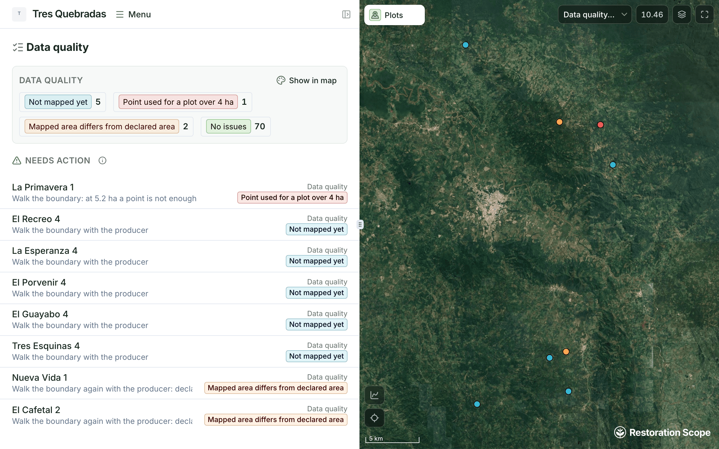 Demo cooperative: Data quality counts (5 plots not mapped yet, 1 point used for a plot over 4 ha, 2 mapped areas that differ from the declared area, 70 with no issues), then the 8 plots that need action, each with the field team’s next step
