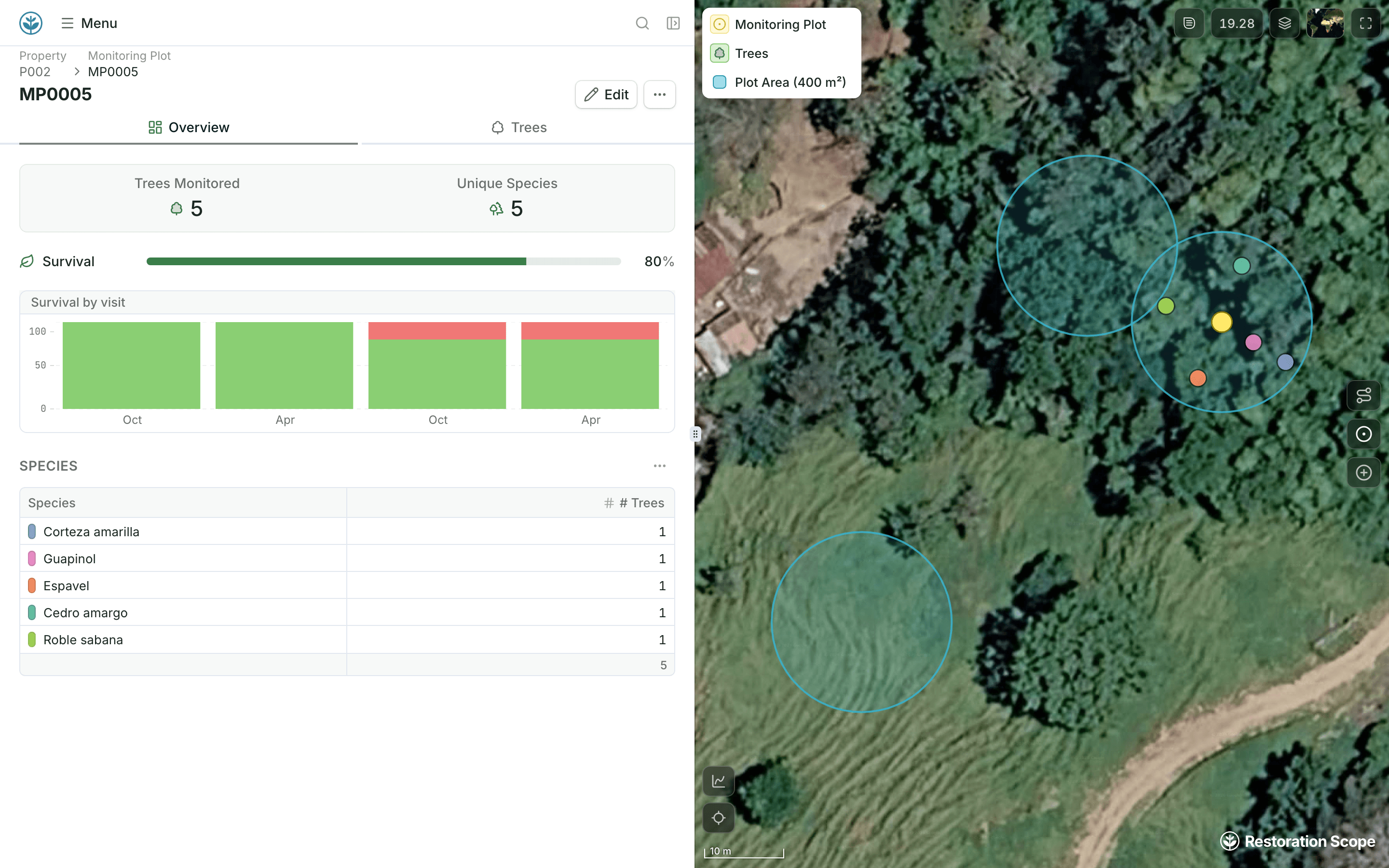 Example monitoring plot MP0005 from the demo project: 80% survival and a survival-by-visit chart from repeat checks of its five trees, beside its 400 m² plot circle and two neighbouring plots on the satellite map.