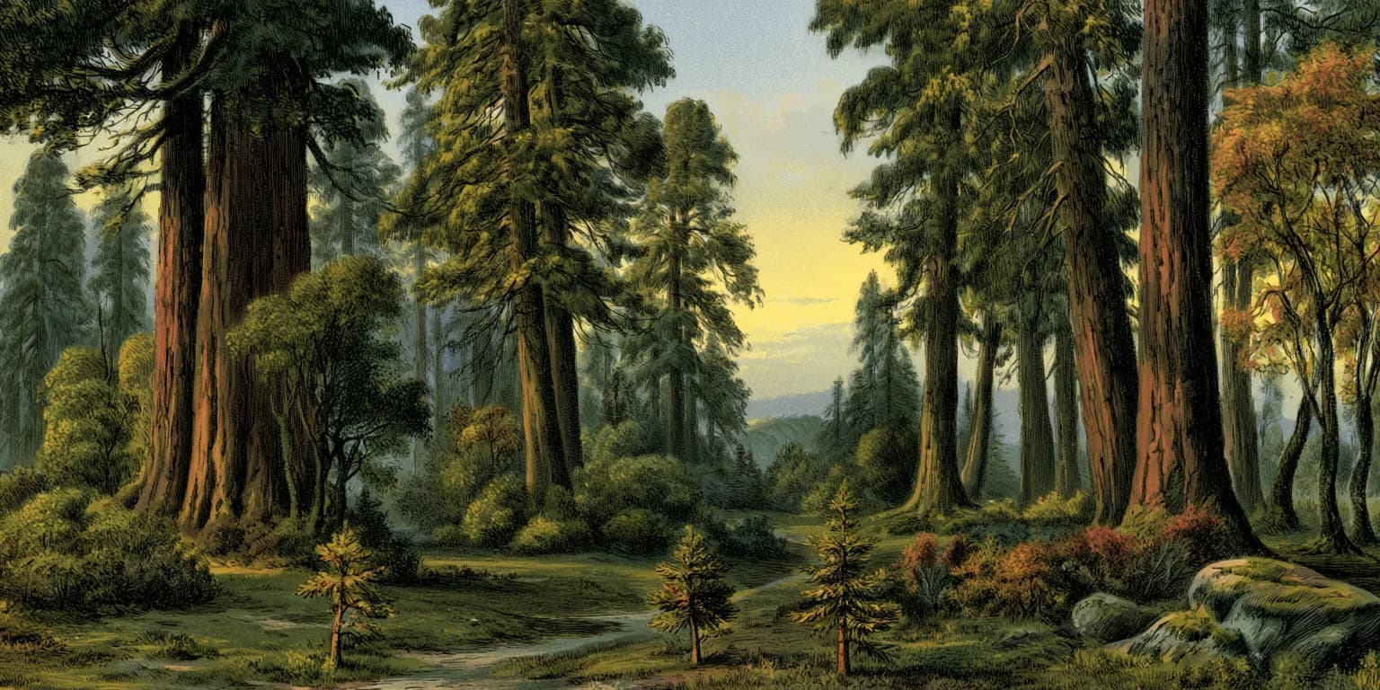 Painted tropical forest with tall trees, palms and ferns in morning mist