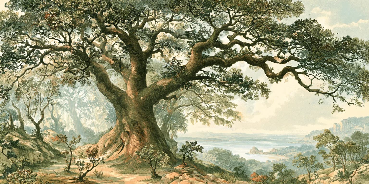 Illustrated old tree with spreading branches above a valley and the sea