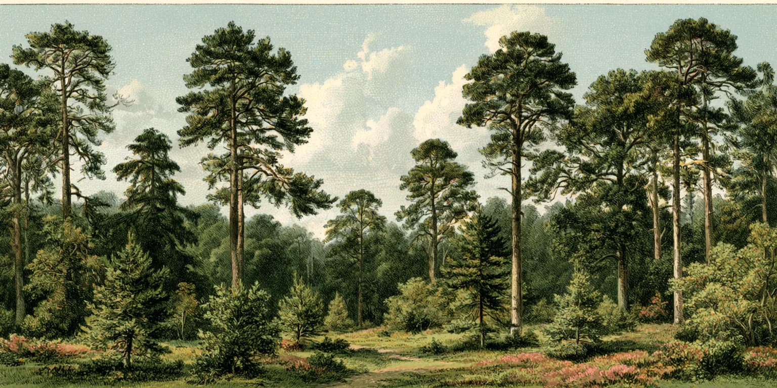 Illustrated open pine woodland with young trees and flowering heather under a cloudy sky