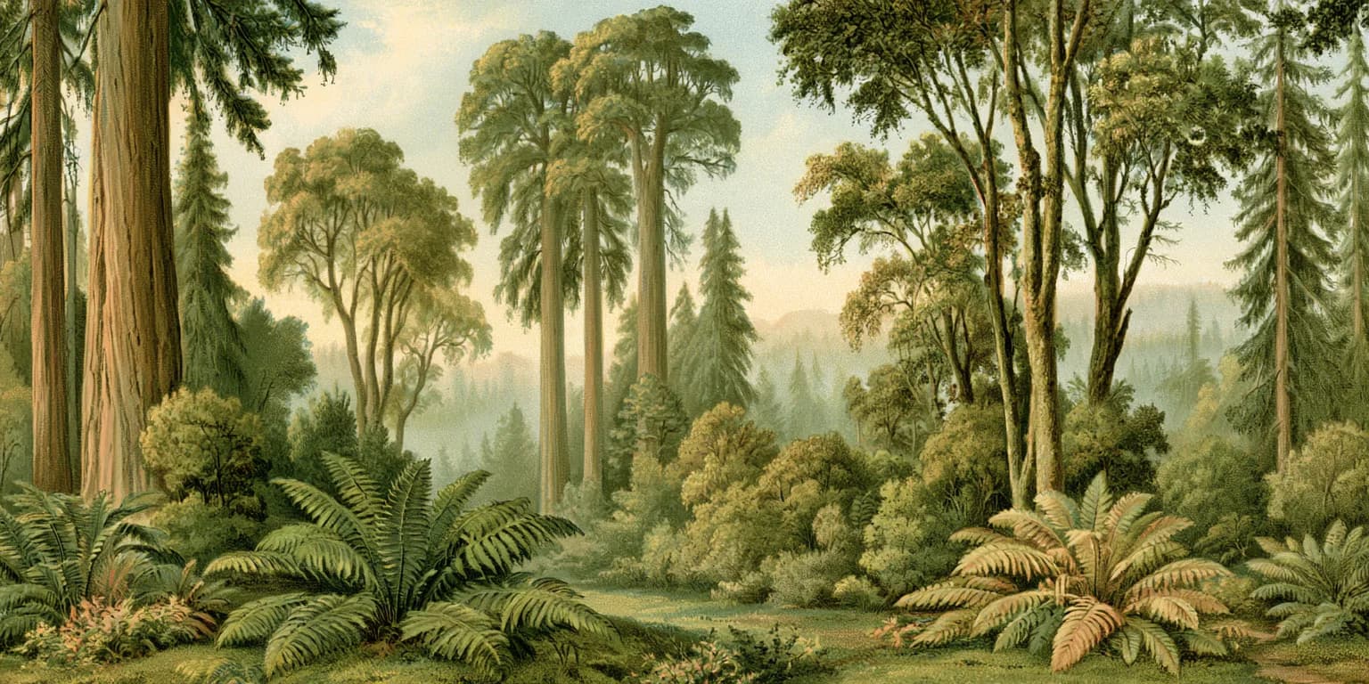 Illustrated misty forest of tall trees, with large ferns in the foreground