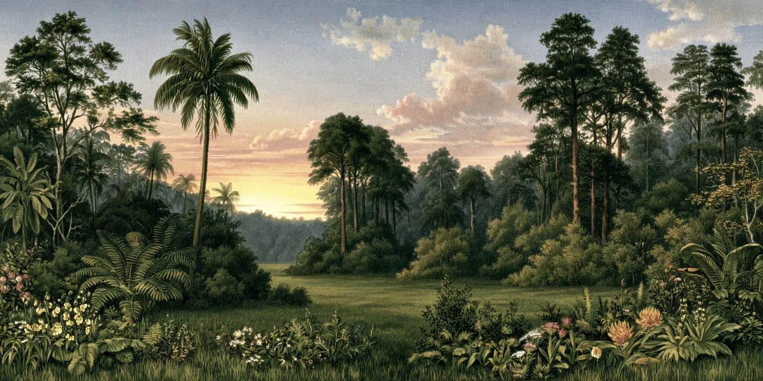 Illustrated clearing between palm forest and tall pines at sunset