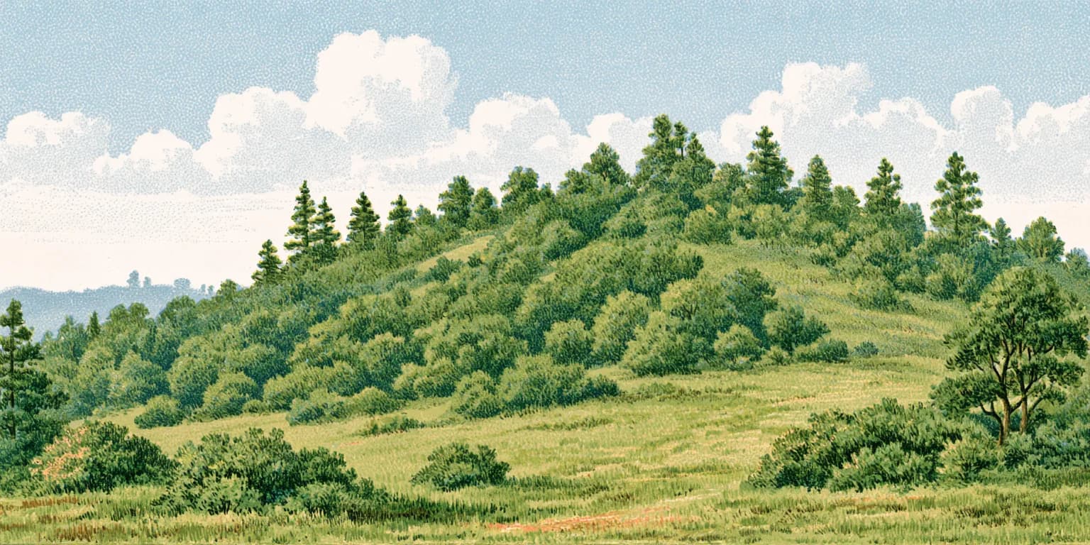 Illustrated forest with tall trunks, palms and ferns in soft light