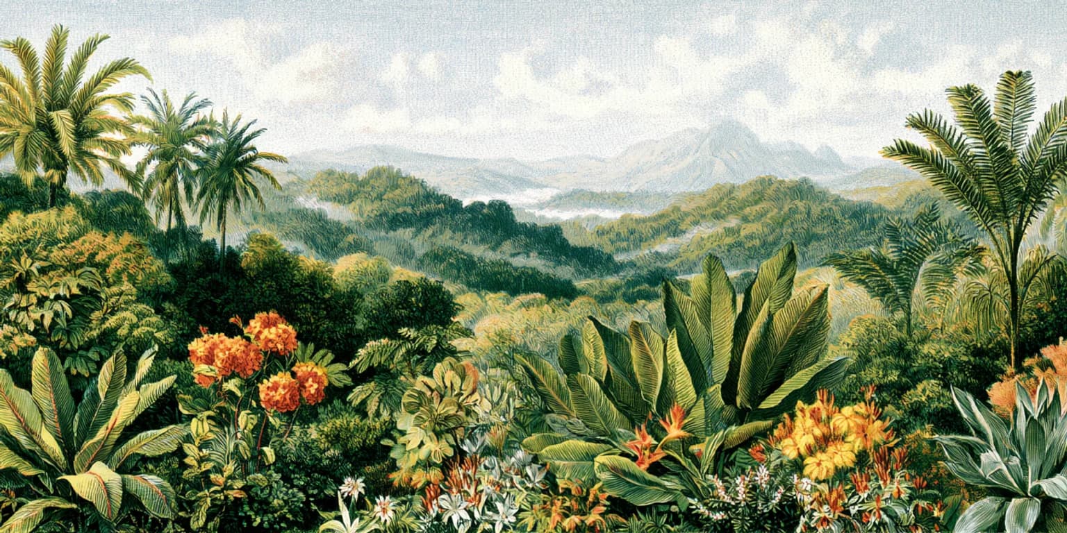Illustrated rainforest path between tall trees, palms and ferns