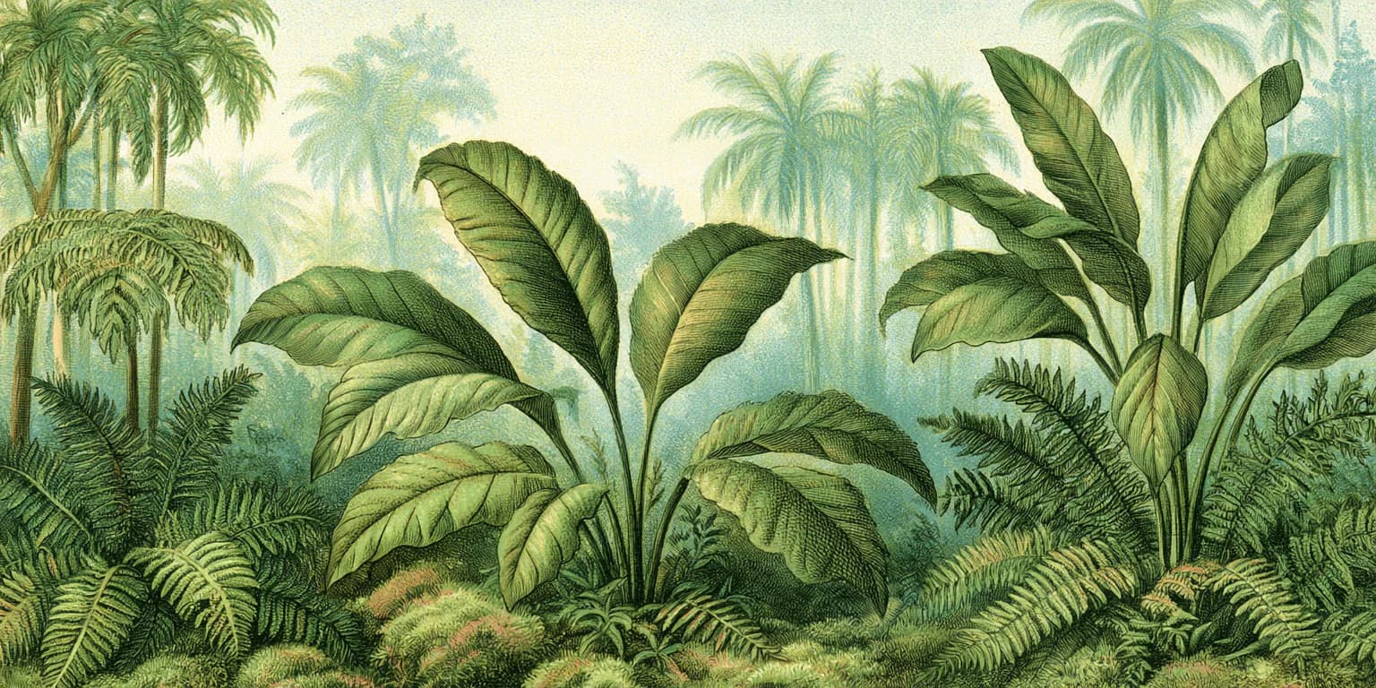 Illustrated tropical landscape with palms, flowering plants and a tall acacia