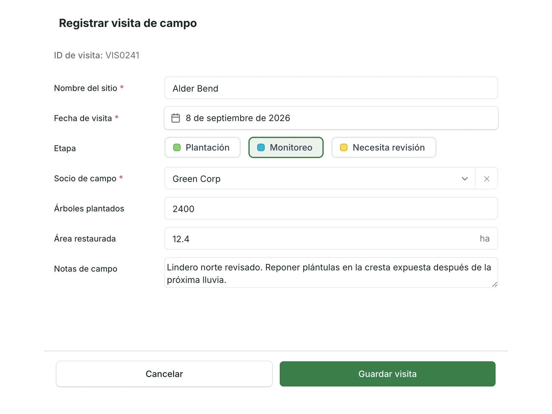 A field visit form in Spanish: Registrar visita de campo