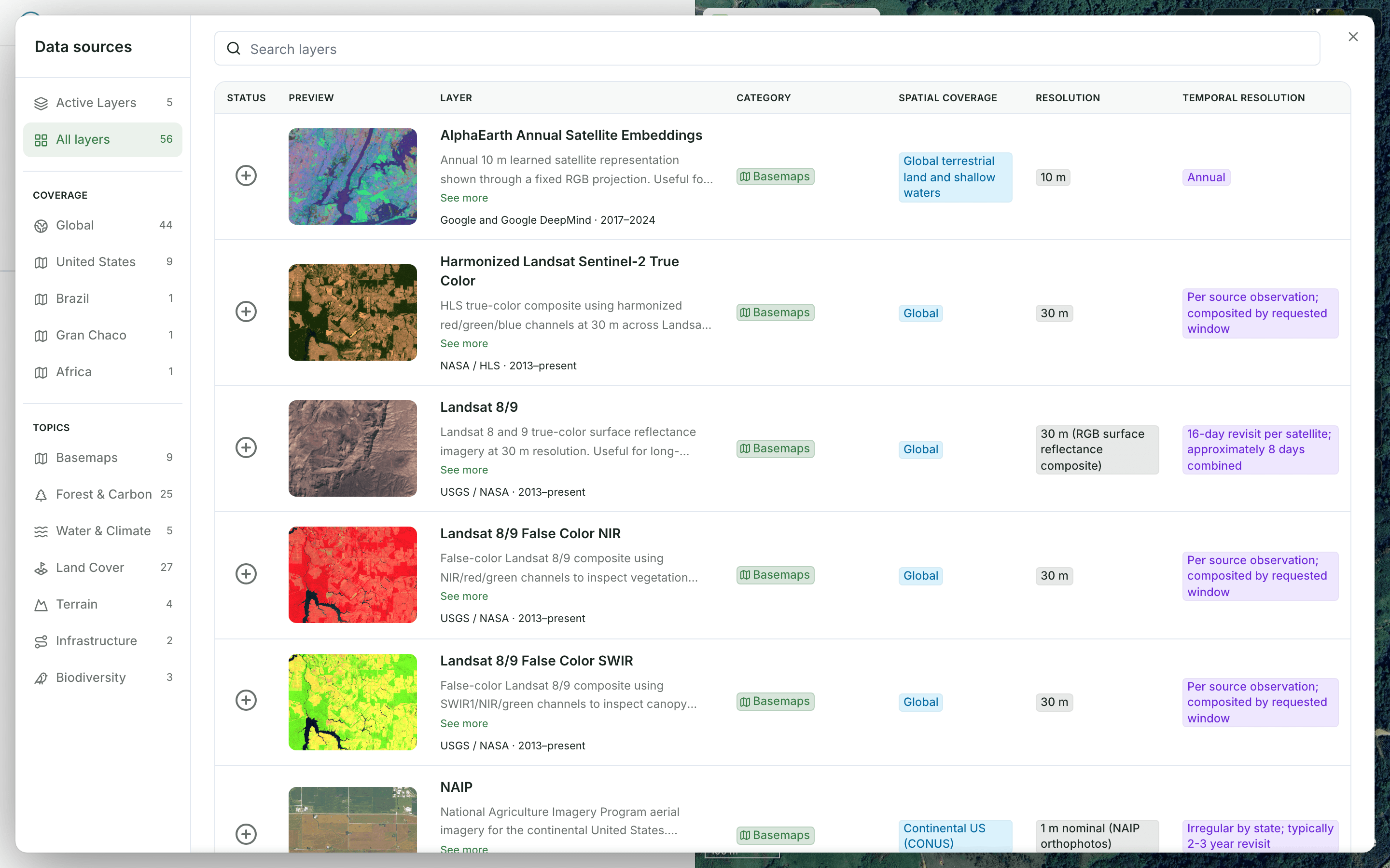 The map layer library: public data sources filtered by coverage and topic, each with a preview