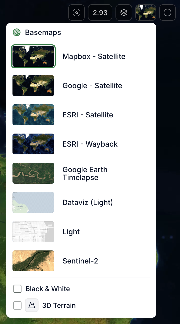 The Basemaps list open under the map thumbnail, with satellite, Light and Sentinel-2 basemaps, and Black & White and 3D Terrain at the bottom