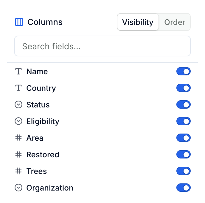 The Columns panel on Visibility: a switch for each column, with Order beside it and Search fields... above