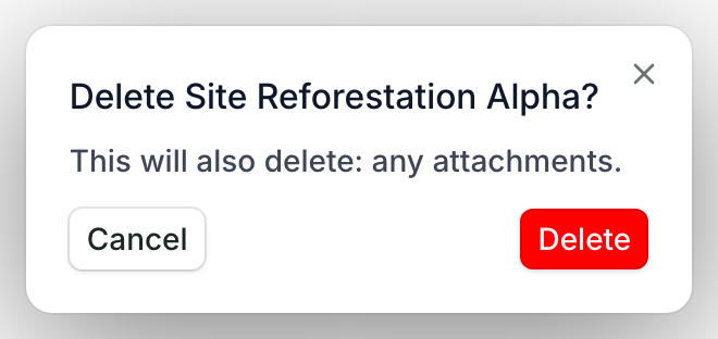 The window that asks you to confirm: Delete Site Reforestation Alpha?, with Cancel and Delete