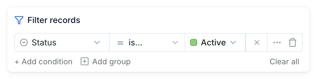 The Filter panel with one condition: Status is Active