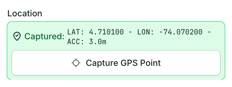 The Location field after a capture: Captured with the latitude, longitude and ACC 3.0m, above Capture GPS Point