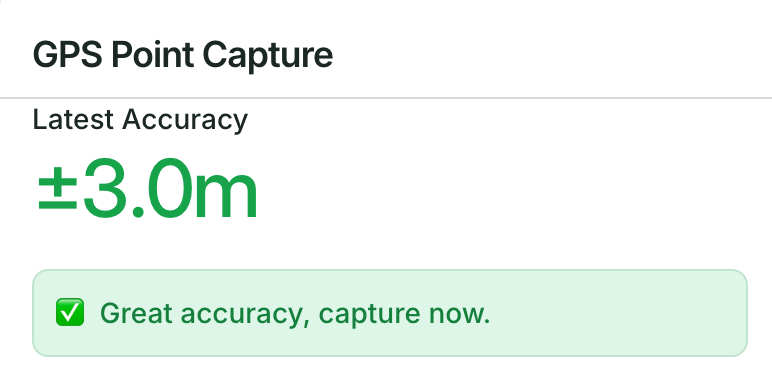 The GPS Point Capture panel: Latest Accuracy ±3.0m and Great accuracy, capture now