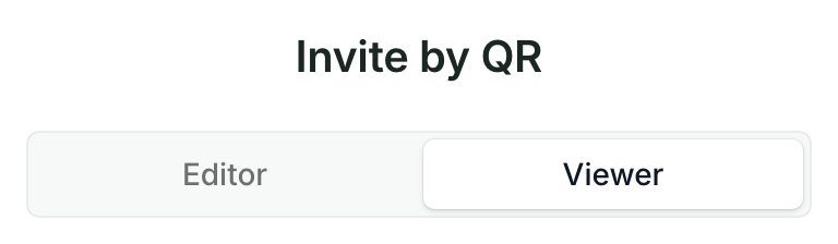 The Invite by QR window's Editor and Viewer tabs, with Viewer selected