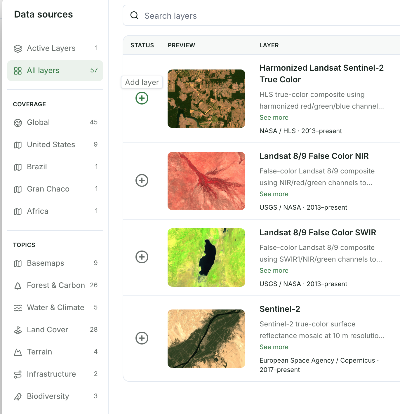 The Data sources window with the Coverage and Topics filters, Search layers, and a list of layers, the first one showing Add layer