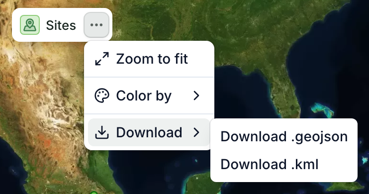A layer's ⋯ menu in the map's legend, with Download open: Download .geojson and Download .kml