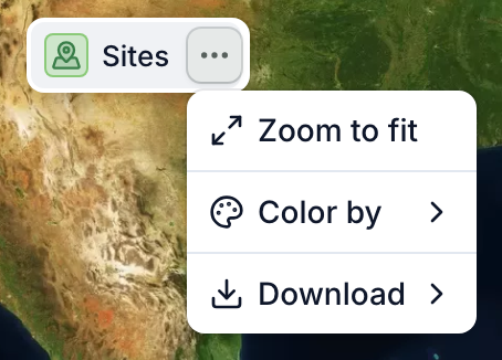 The ⋯ menu of the Sites layer: Zoom to fit, Color by and Download