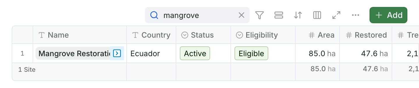 The search box above a list with mangrove typed, and the one matching record left in the table