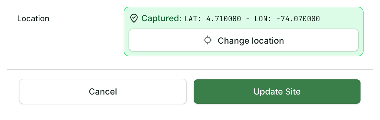 The Location field in the edit form, with the captured coordinates, the Change location button, and Update Site below
