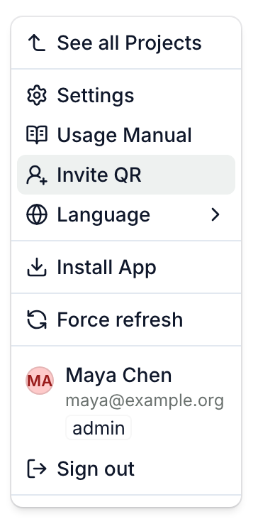 The logo menu, with Invite QR highlighted