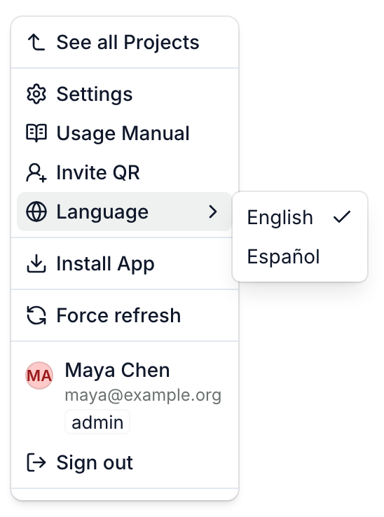 The logo menu with Language open, showing English and Español