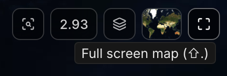 The buttons at the top right of the map: place search, the zoom level, Layers, the basemap thumbnail and the full-screen arrows, named Full screen map (⇧.)