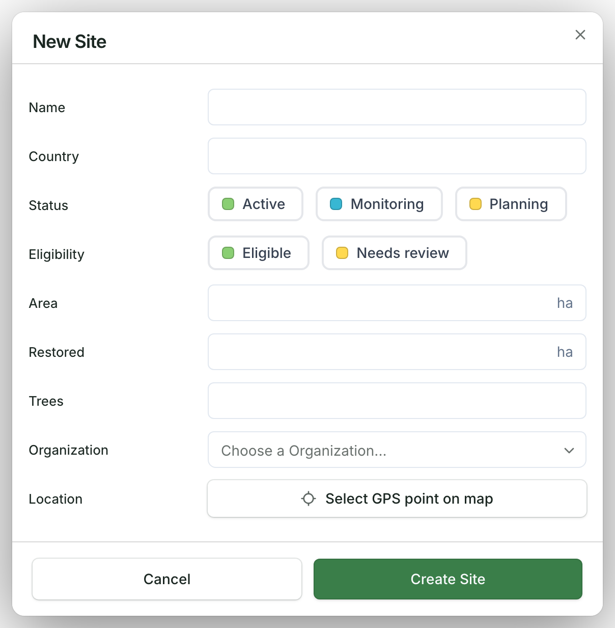 The New Site form that Add opens, with the record's fields and the Create Site button