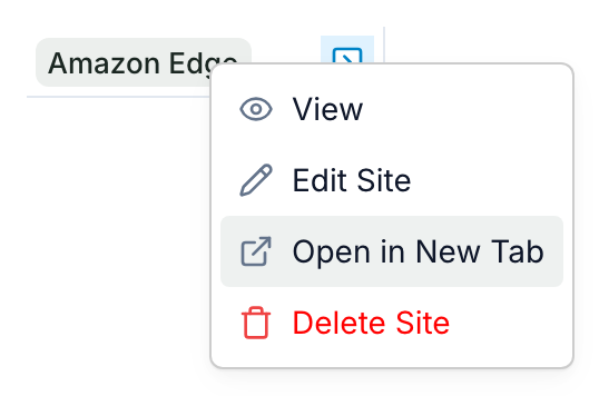 The menu that opens when you right-click a record in a list: View, Edit Site, Open in New Tab and Delete Site