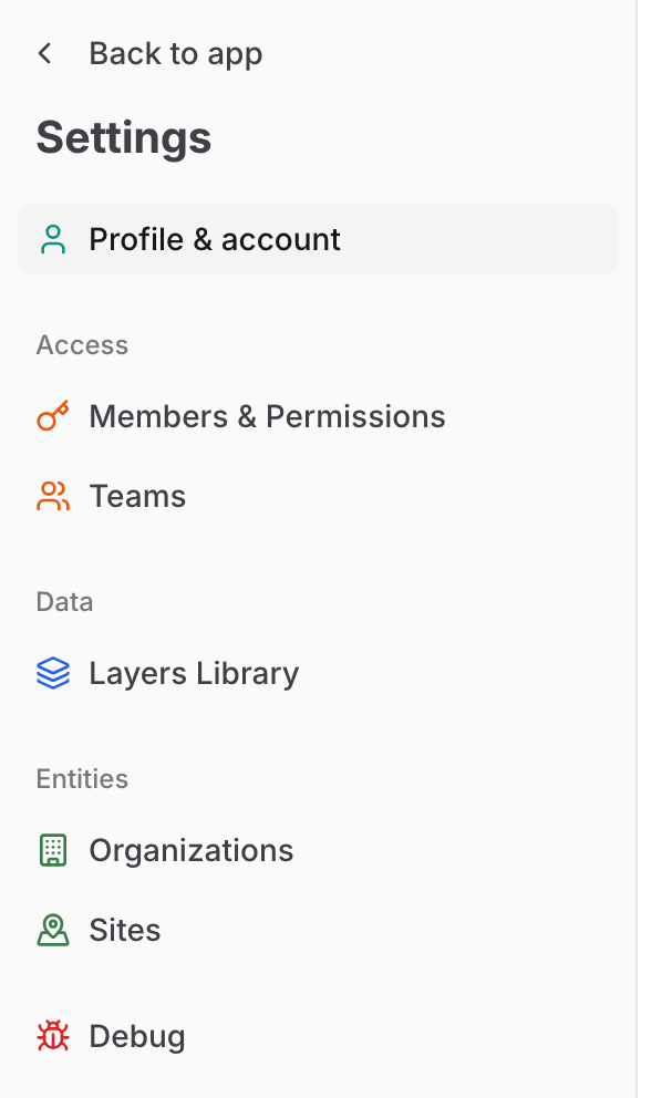 The Settings sidebar: Profile & account, then the Access, Data and Entities groups