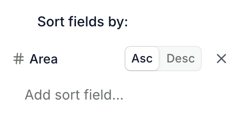 The Sort panel sorting by Area, with Asc and Desc, and Add sort field... below