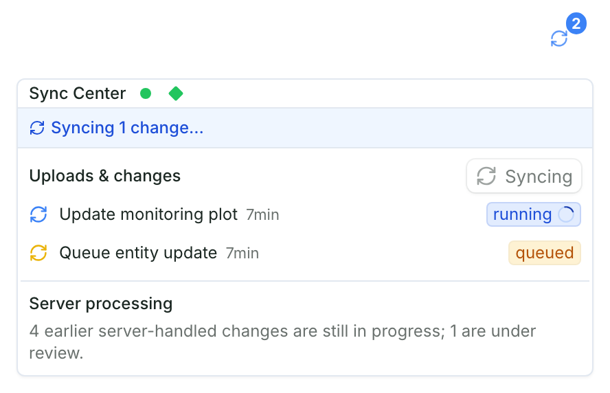 The Sync Center while it sends: Uploads & changes with one change in progress and one queued, then Server processing