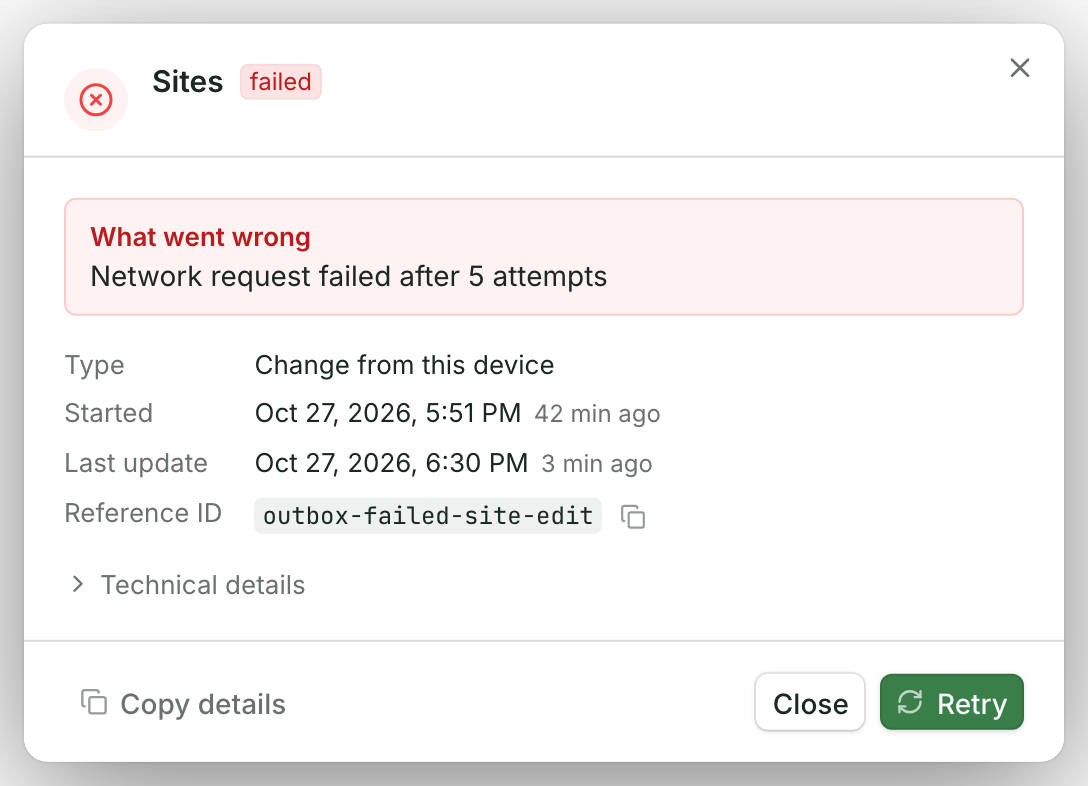 A failed change opened from the Sync Center: What went wrong with its message, its details, Copy details and Retry