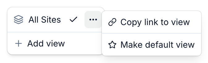 The views menu with the ⋯ menu of the All Sites view open: Copy link to view and Make default view