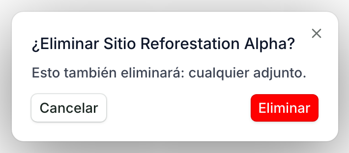 La ventana que te pide confirmar: ¿Eliminar Sitio Reforestation Alpha?, con Cancelar y Eliminar