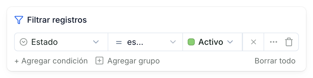 El panel Filtrar con una condición: Estado es Activo