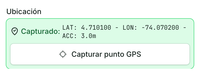 El campo Ubicación después de capturar: Capturado con la latitud, la longitud y ACC 3.0m, encima de Capturar punto GPS