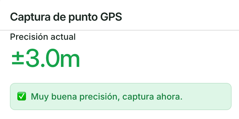 El panel Captura de punto GPS: Precisión actual ±3.0m y Muy buena precisión, captura ahora