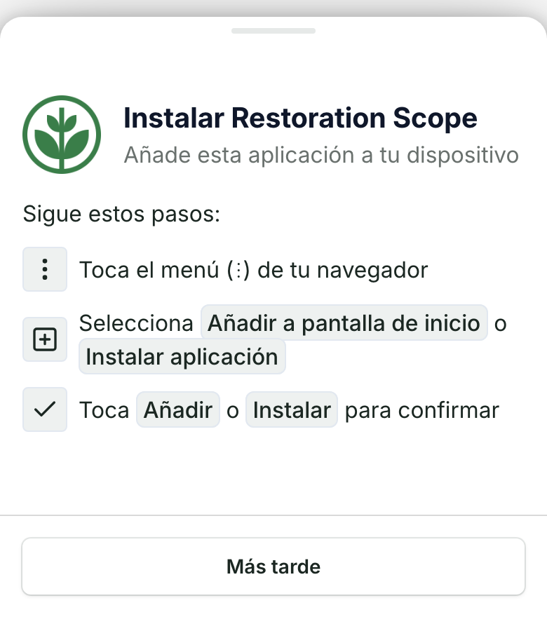 Los pasos de Instalar Restoration Scope en un teléfono Android: toca el menú del navegador, elige Añadir a pantalla de inicio o Instalar aplicación y toca Añadir o Instalar