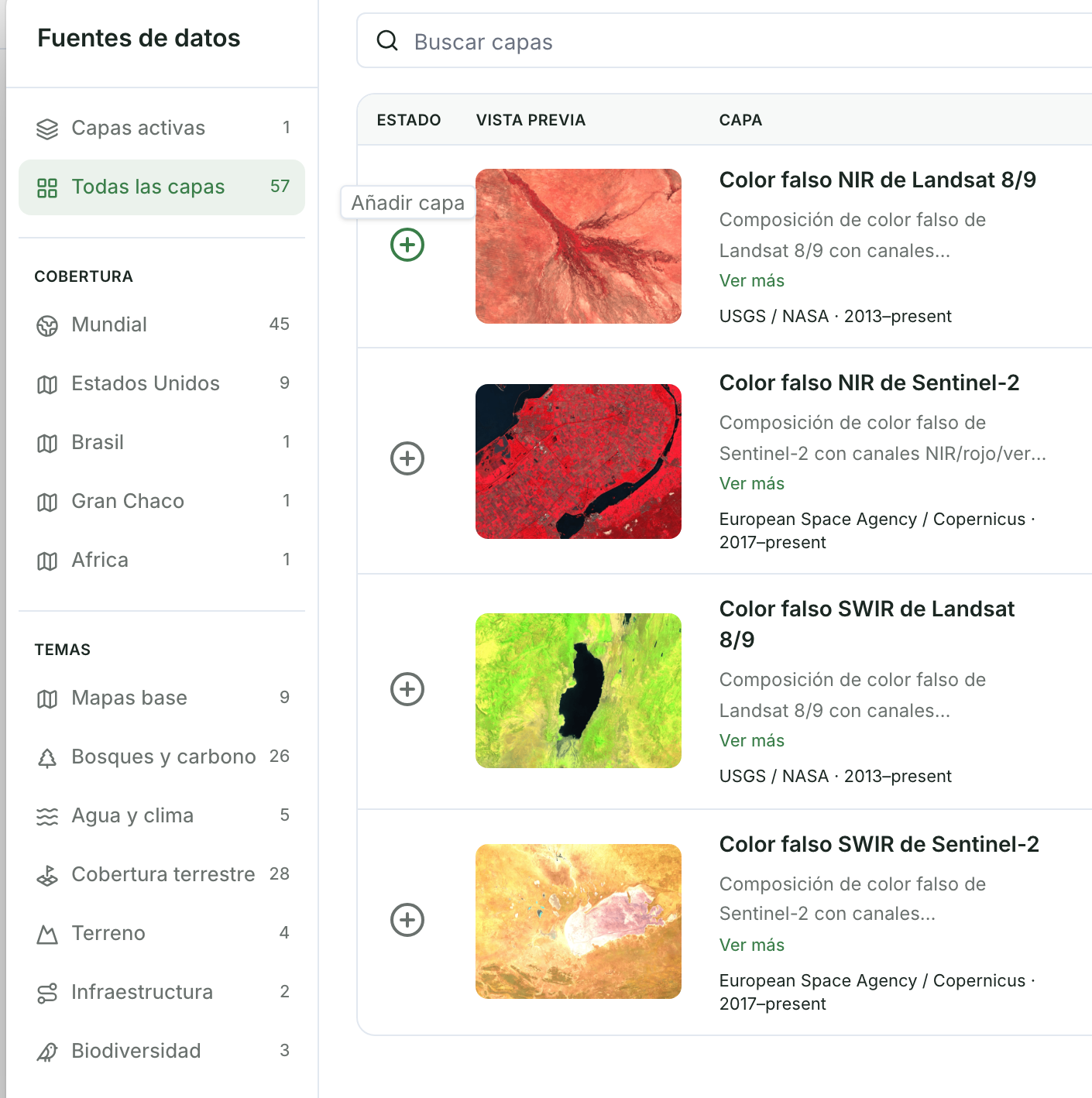 La ventana Fuentes de datos con los filtros Cobertura y Temas, Buscar capas y una lista de capas, la primera mostrando Añadir capa