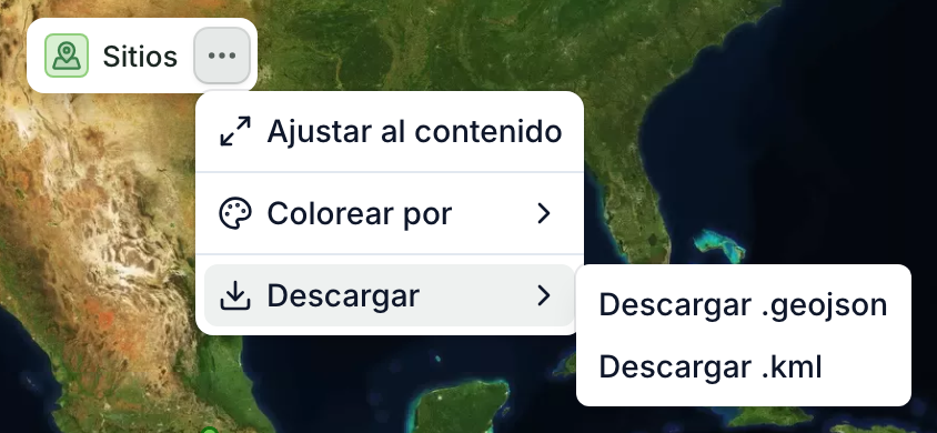 El menú ⋯ de una capa en la leyenda del mapa, con Descargar abierto: Descargar .geojson y Descargar .kml