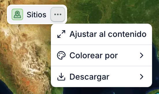 El menú ⋯ de la capa Sitios: Ajustar al contenido, Colorear por y Descargar